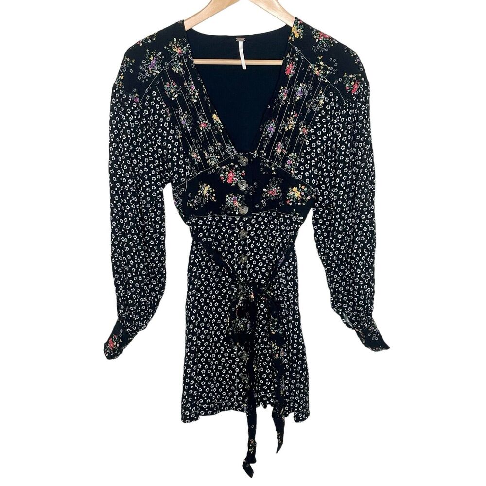 Free People Wonderland Mini Dress Black Floral Womens Small Long Sleeve
